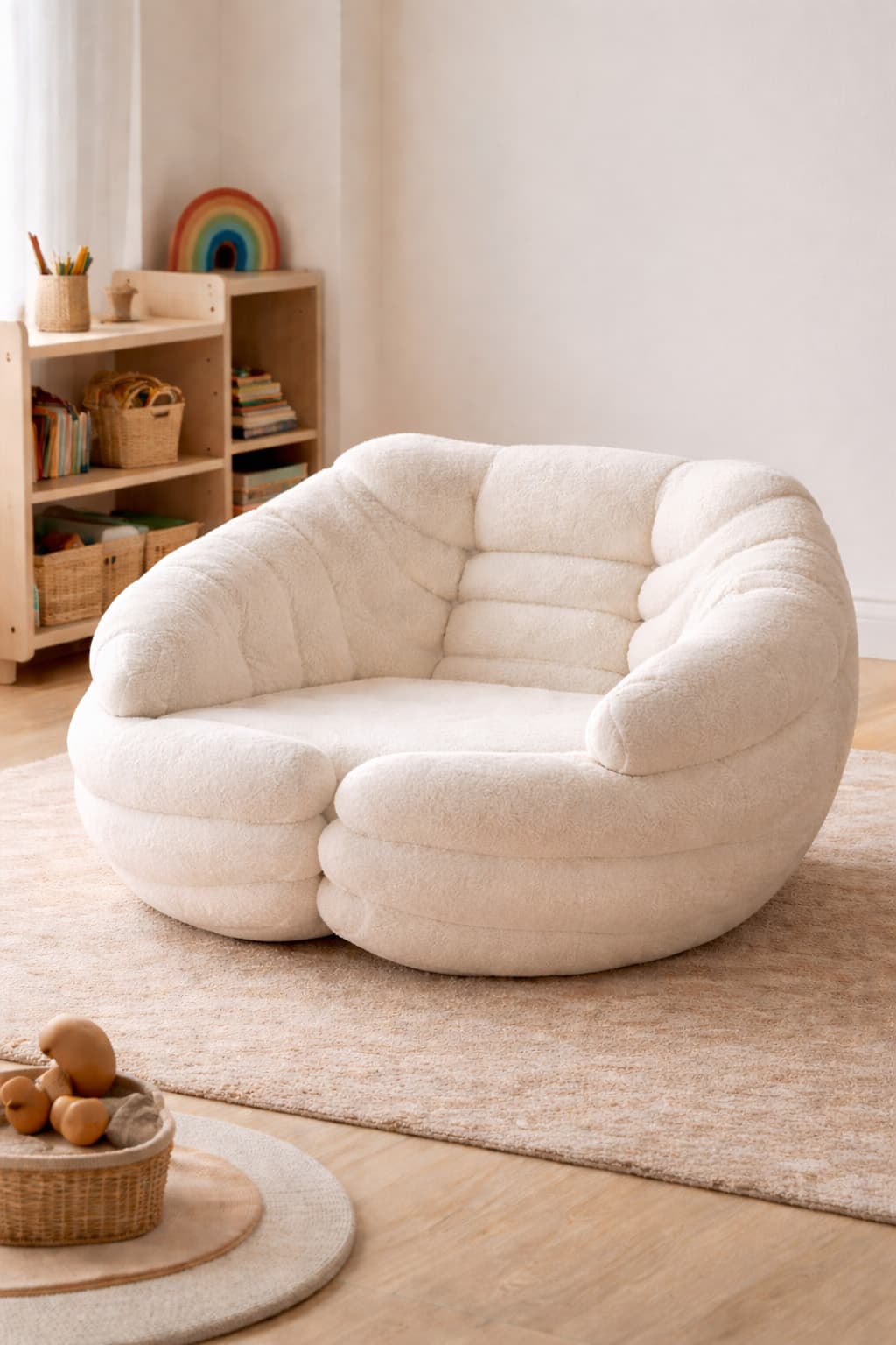 A plush, cream-colored armchair with a rounded, organic form. The upholstery features a textured boucle fabric and is channel-tufted on the backrest and arms, creating a soft, inviting appearance. The seat is deep and generously padded, and the overall design suggests a contemporary or retro-inspired aesthetic. — 3D model