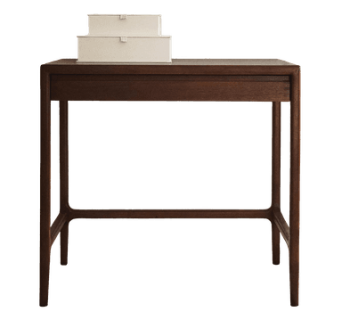 A rectangular console table crafted from dark wood, featuring a clean, minimalist design. It includes a single, subtly integrated drawer positioned directly beneath the tabletop. The table stands on four slender, tapered legs, which are connected by horizontal stretchers on the longer sides for added stability. — 3D model