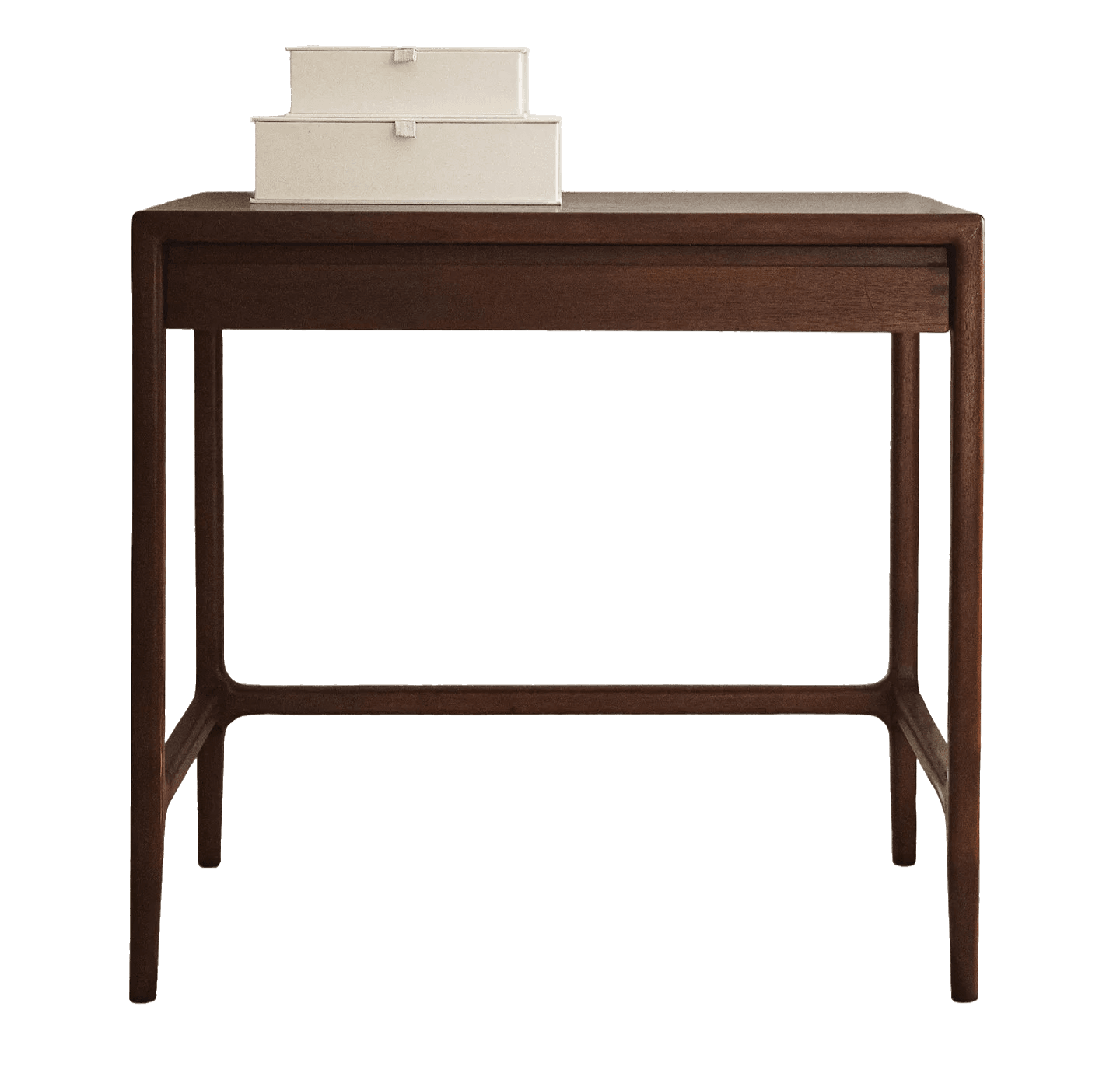 A rectangular console table crafted from dark wood, featuring a clean, minimalist design. It includes a single, subtly integrated drawer positioned directly beneath the tabletop. The table stands on four slender, tapered legs, which are connected by horizontal stretchers on the longer sides for added stability. — 3D model