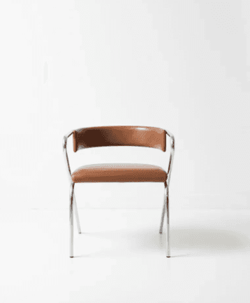 A modern chair featuring a continuous tubular chrome frame that forms the legs, armrests, and backrest support, upholstered in brown leather or faux leather for the seat and a curved backrest. — 3D model