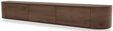 A sleek, modern floating media console crafted from dark walnut wood. It features an elongated, rectangular form with gracefully curved end panels, giving it a smooth, continuous appearance. The front is comprised of three handle-less panels, likely doors, suggesting a push-to-open mechanism or hidden pulls, maintaining a minimalist aesthetic. The rich, dark wood grain is visible across its surfaces. — 3D model