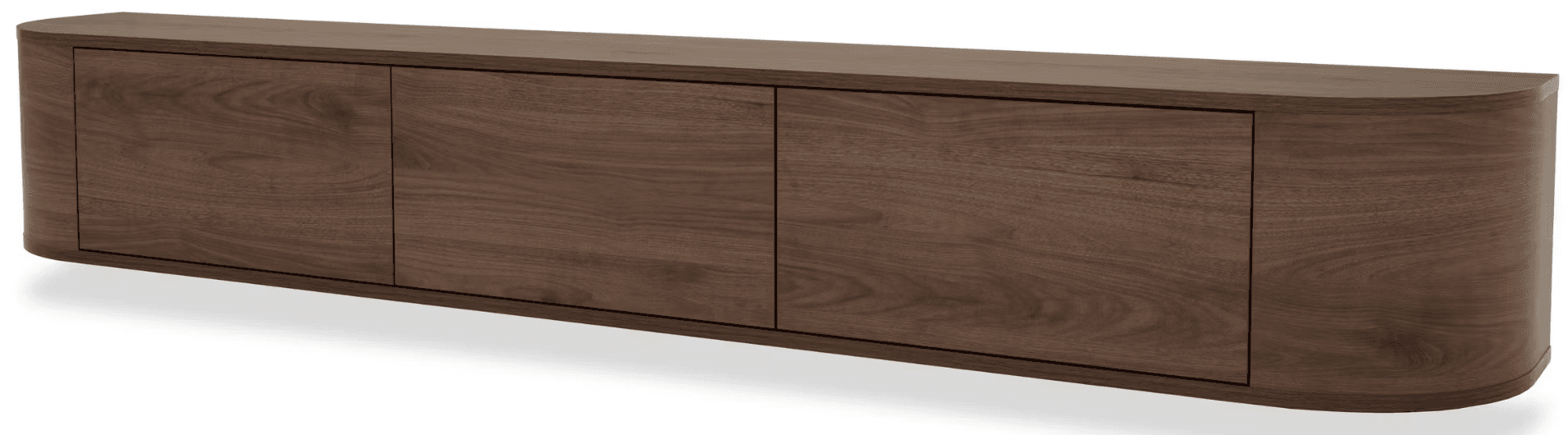 A sleek, modern floating media console crafted from dark walnut wood. It features an elongated, rectangular form with gracefully curved end panels, giving it a smooth, continuous appearance. The front is comprised of three handle-less panels, likely doors, suggesting a push-to-open mechanism or hidden pulls, maintaining a minimalist aesthetic. The rich, dark wood grain is visible across its surfaces. — 3D model