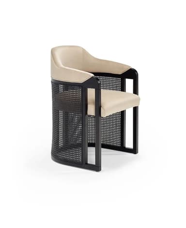 A contemporary barrel-shaped accent chair featuring a dark-stained wooden frame, natural cane detailing on the side and back panels, and light beige upholstered seat and backrest cushions. The chair exhibits a rounded, encompassing form. — 3D model