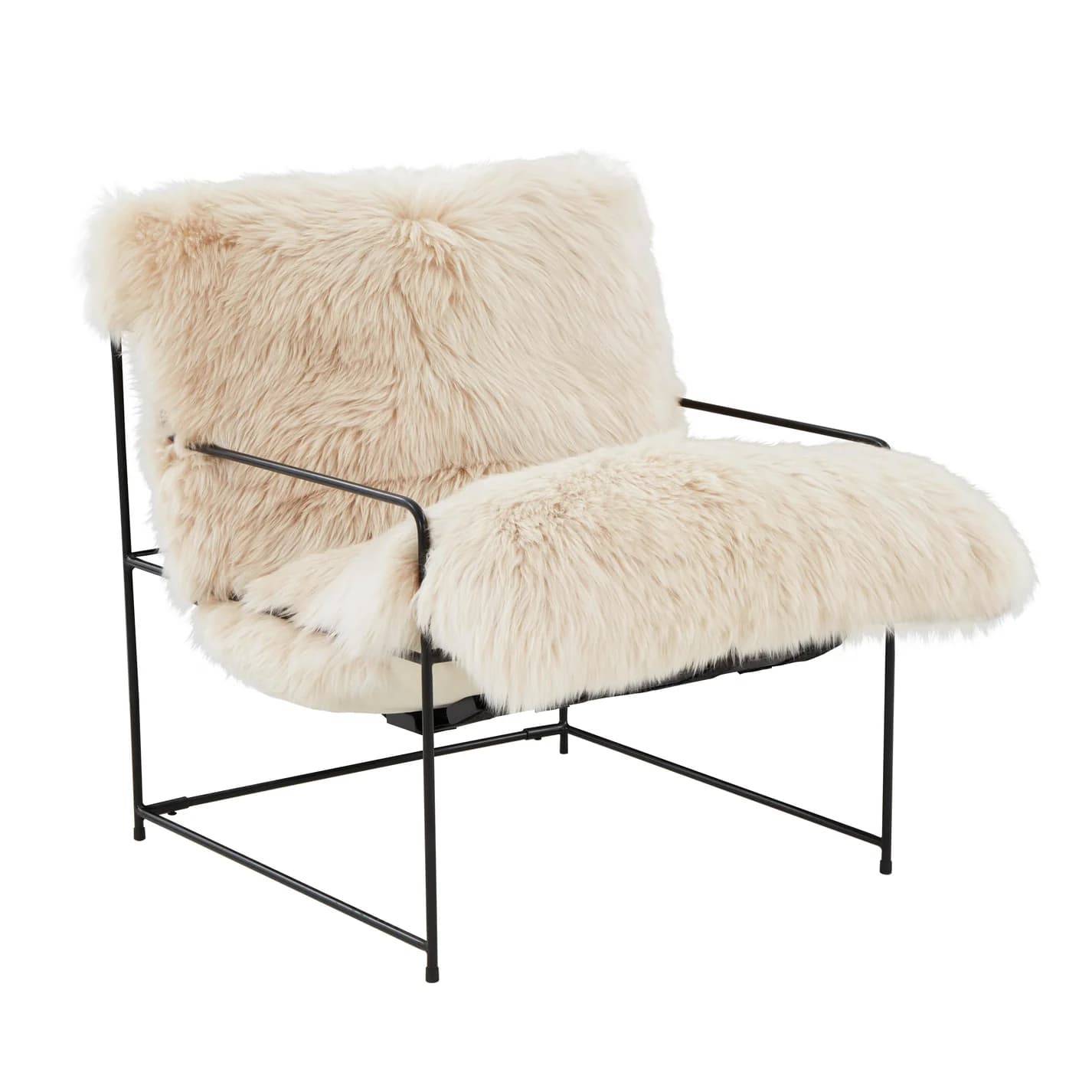 A modern armchair featuring a minimalist black metal frame and plush, cream-colored faux fur upholstery covering the seat, back, and armrests. The frame has a clean, geometric design with slender legs and supports. The fur is long and textured, giving the chair a soft, inviting appearance. — 3D model