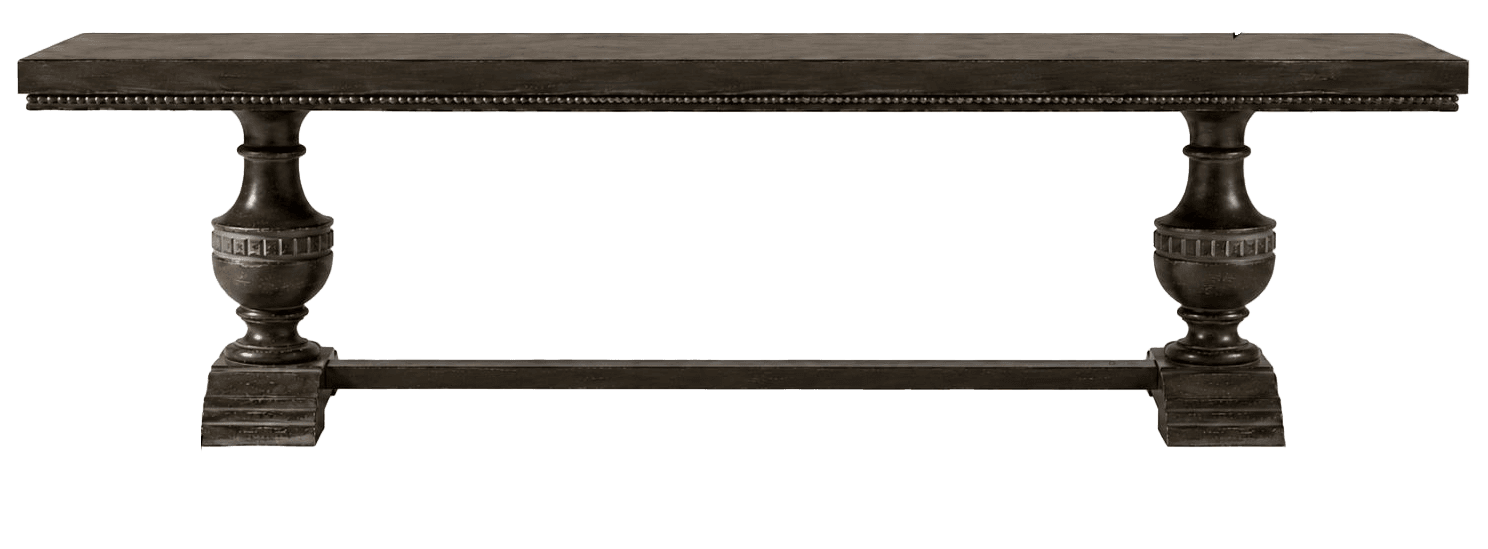 A long, rectangular console table featuring a distressed, antiqued dark bronze finish. The table is supported by two ornate, turned pedestal bases, each resting on a square plinth. A single horizontal stretcher bar connects the two pedestals for added stability. The apron of the tabletop is adorned with a decorative beaded trim, enhancing its traditional yet rustic aesthetic. The finish suggests an aged, metallic appearance. — 3D model