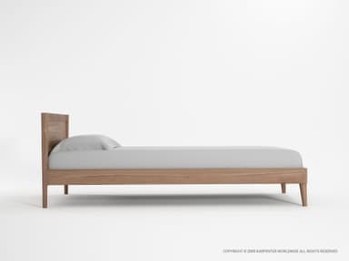 A minimalist platform bed featuring a light-toned wooden frame, a simple solid headboard, and four tapered wooden legs. A light gray mattress and pillow are present on the bed frame. — 3D model