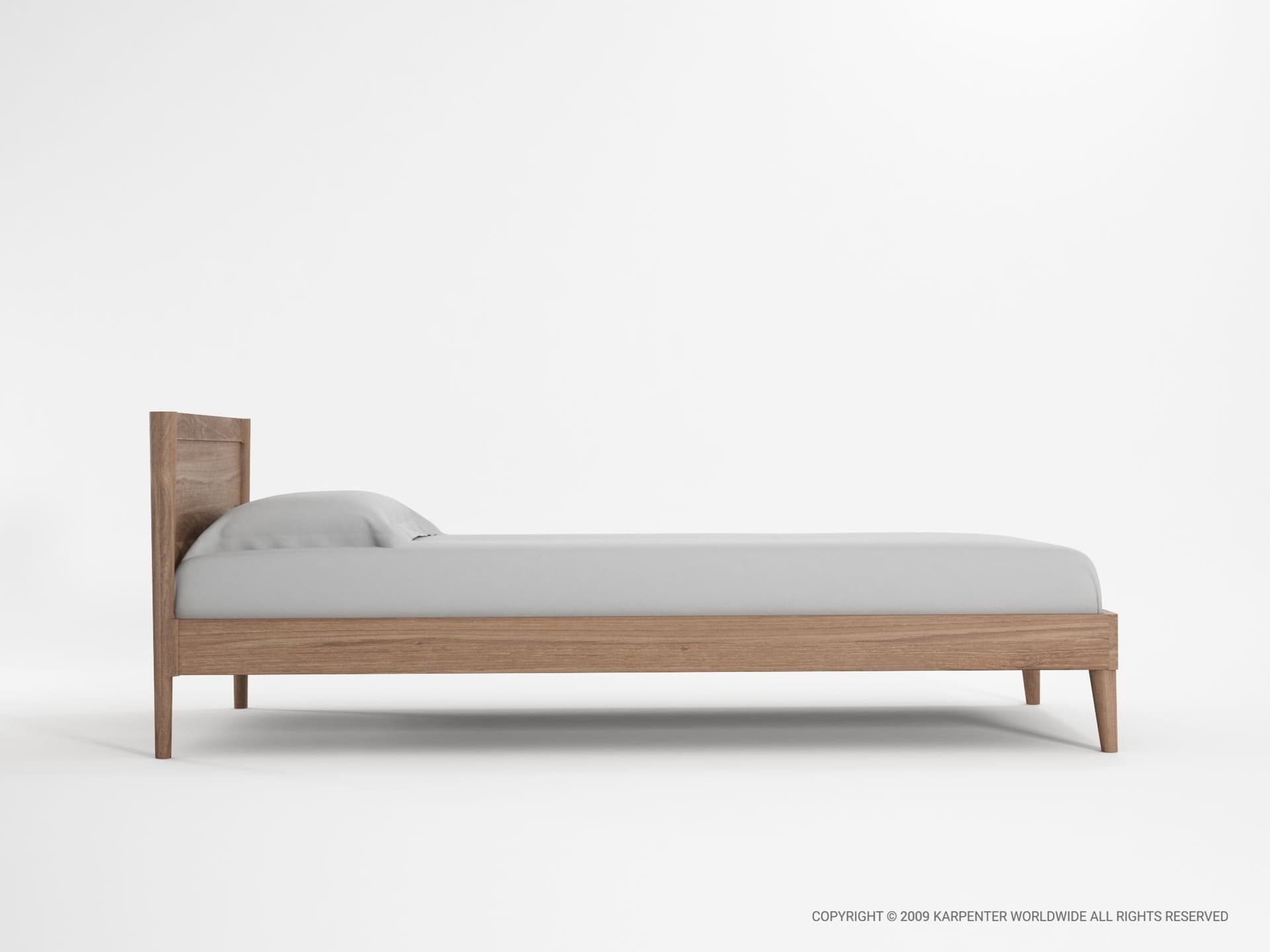 A minimalist platform bed featuring a light-toned wooden frame, a simple solid headboard, and four tapered wooden legs. A light gray mattress and pillow are present on the bed frame. — 3D model
