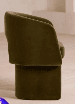 An olive green upholstered armchair featuring a contemporary design with a rounded, barrel-shaped backrest and integrated armrests. The chair is supported by two distinct, sculptural, slab-like legs that form a stable and visually unique base. — 3D model