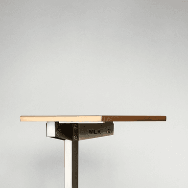 A hexagonal side table with a copper-colored top and a brushed metal pedestal base. The top is secured to the base with three visible screws. The base has a modern, geometric design with three legs splayed outwards from a central column. — 3D model