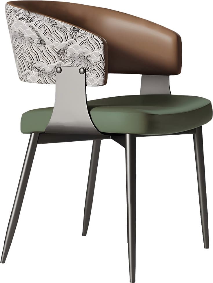 A contemporary armchair featuring a rounded barrel-back design and a cushioned seat. The interior of the backrest is upholstered in a smooth, light brown material, while the exterior features a patterned fabric in shades of grey and black. The seat cushion is upholstered in a solid olive green material. The chair is supported by four slender, tapered dark metal legs that extend upwards to form a partial frame for the backrest. — 3D model