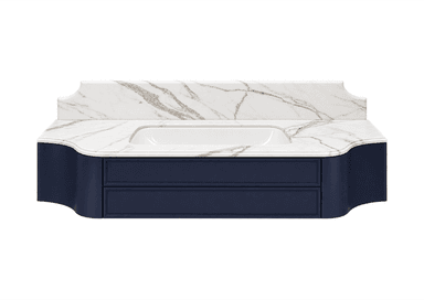 A wall-mounted bathroom vanity featuring a single integrated sink, a white marble countertop with a scalloped backsplash, and a deep navy blue cabinet with curved sides and two recessed panel drawers. — 3D model