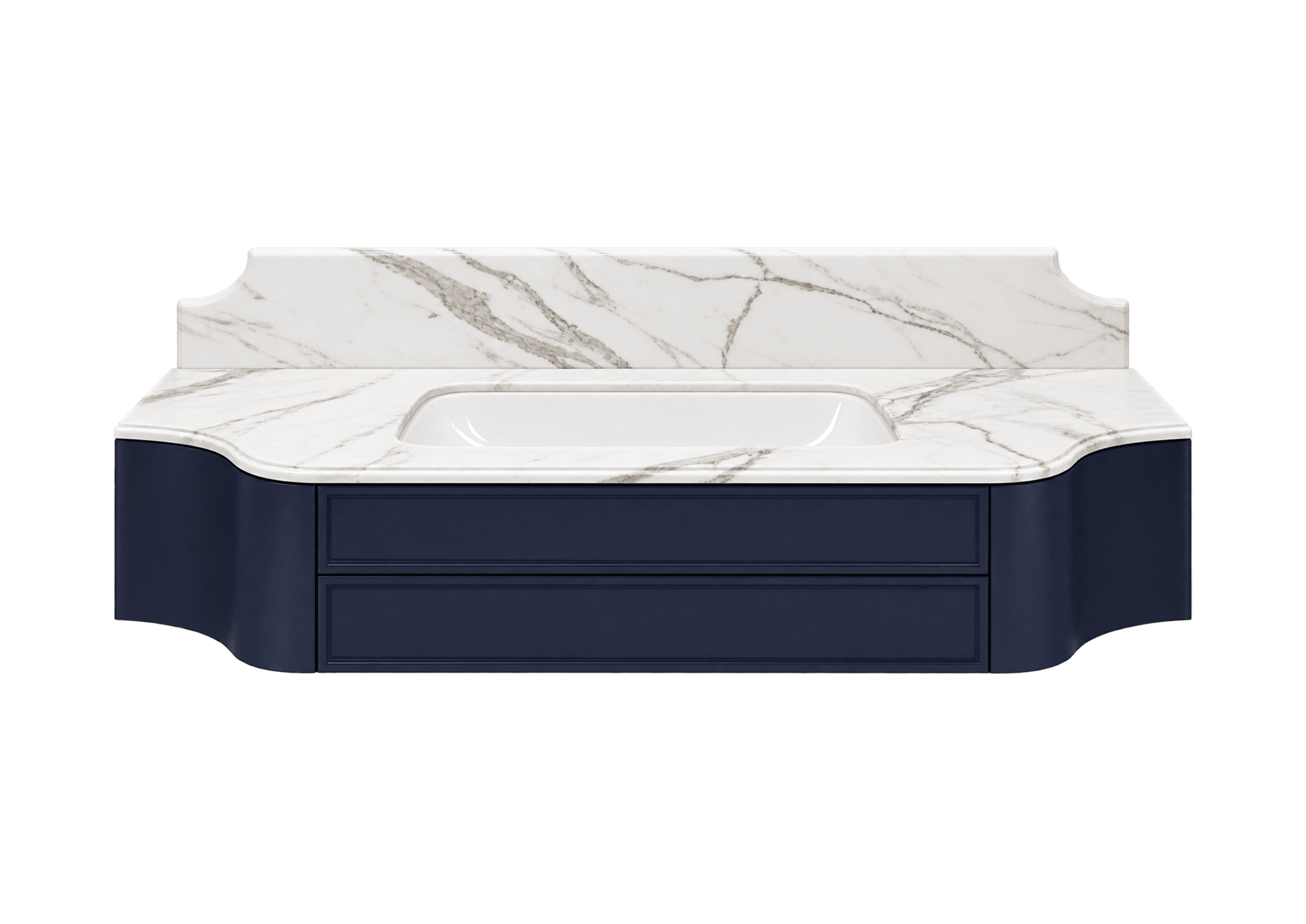 A wall-mounted bathroom vanity featuring a single integrated sink, a white marble countertop with a scalloped backsplash, and a deep navy blue cabinet with curved sides and two recessed panel drawers. — 3D model