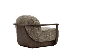A contemporary armchair featuring a rounded, upholstered body set atop a curved wooden base, complemented by exposed wooden armrests. The upholstery is a textured mélange fabric in shades of brown, green, and cream. — 3D model