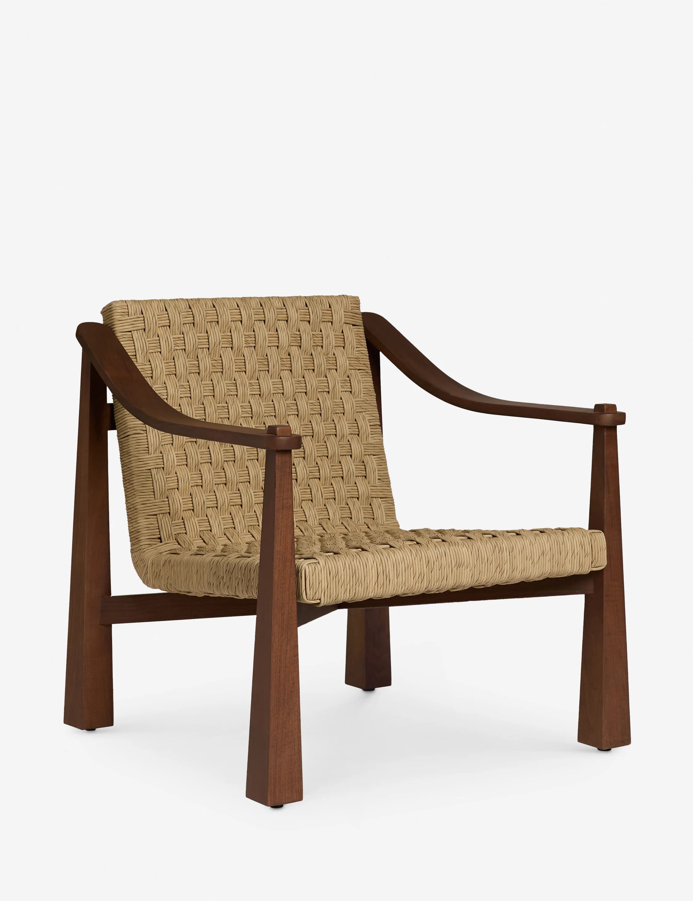 An armchair with a wooden frame and a woven seat and backrest. The frame has a dark wood finish and features gently curved armrests and square, tapered legs. The seat and back are constructed from a tightly woven natural fiber material in a light tan color, forming a geometric pattern. The design is minimalist and modern. — 3D model