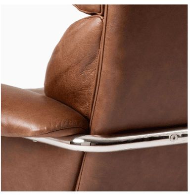 A brown leather armchair with a swivel base and a high back. The armchair features a polished metal frame and base, and the seat and back cushions are plush and appear to be filled with a soft material. The leather has a visible grain and a matte finish. — 3D model