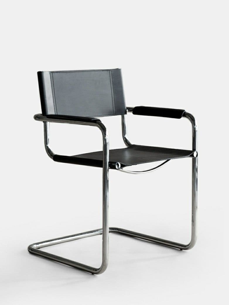 A modernist cantilever armchair featuring a continuous frame of polished chrome-plated tubular steel and black leather sling upholstery for the seat and backrest, with padded armrests. — 3D model