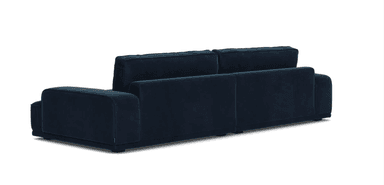 A modern, deep navy blue upholstered sofa with a low profile and plush cushions. It features clean lines, a square armrest on the left, and appears to be a modular or two-seat design, with visible seams dividing the seat and back cushions. — 3D model