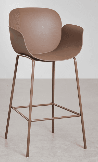 A modern bar stool with a rounded, molded seat and backrest that appears to be made of plastic. The seat and back form a single, continuous shell with a cutout for the arms. The stool is supported by a slender metal frame with four legs connected by a lower crossbar for stability. The overall design is minimalist and contemporary. — 3D model