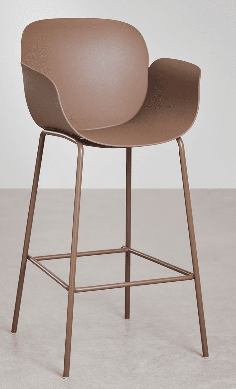 A modern bar stool with a rounded, molded seat and backrest that appears to be made of plastic. The seat and back form a single, continuous shell with a cutout for the arms. The stool is supported by a slender metal frame with four legs connected by a lower crossbar for stability. The overall design is minimalist and contemporary. — 3D model