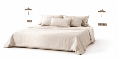 A modern, low-profile platform bed, dressed with minimalist beige linen bedding and several matching pillows. Flanking the bed are two wall-mounted sconces with bell-shaped, smoky glass shades and slender metal supports, positioned above wall panels containing integrated electrical outlets or switches. The bed frame itself is largely obscured by the duvet, suggesting a minimalist and streamlined design. — 3D model