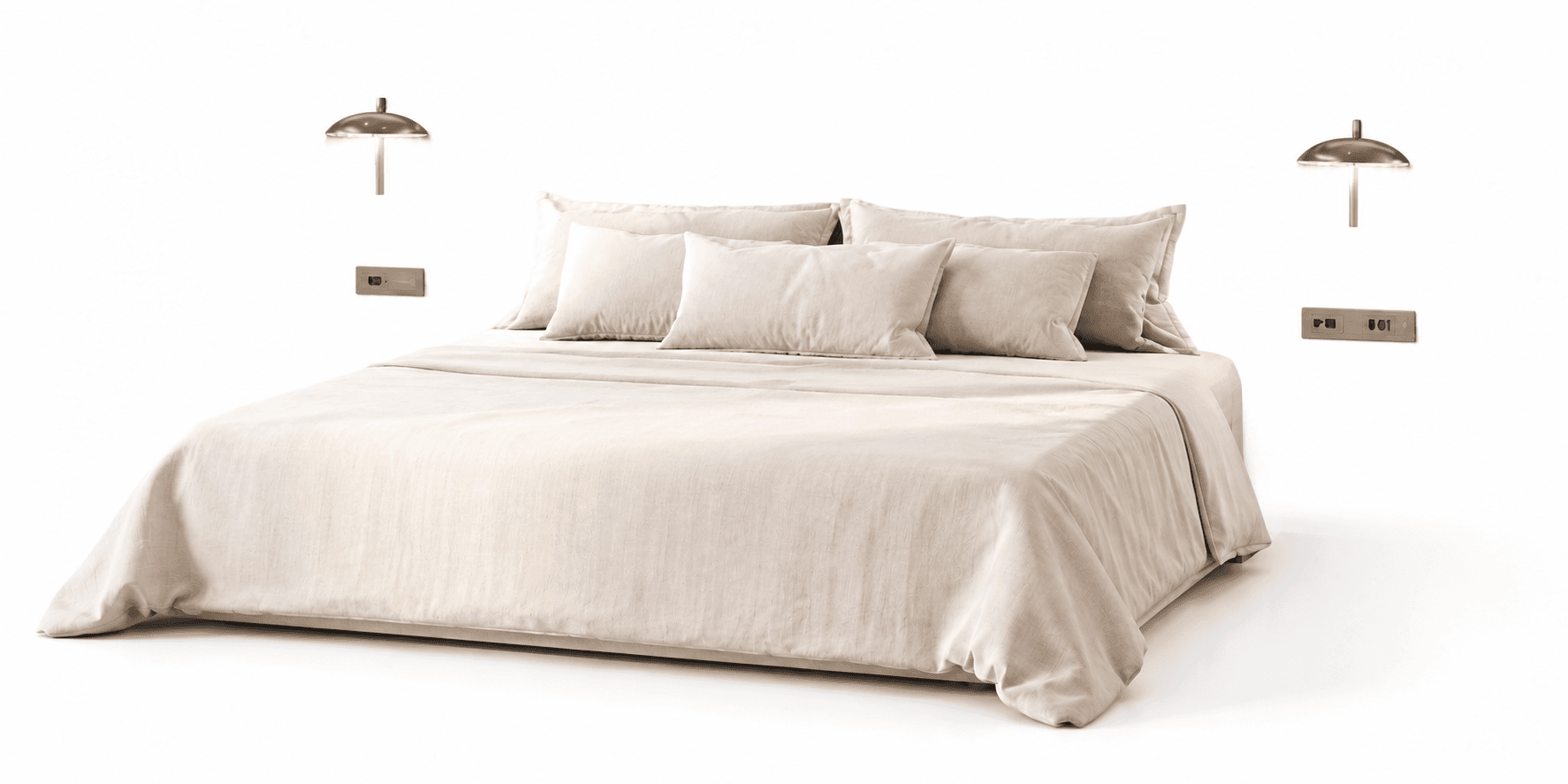 A modern, low-profile platform bed, dressed with minimalist beige linen bedding and several matching pillows. Flanking the bed are two wall-mounted sconces with bell-shaped, smoky glass shades and slender metal supports, positioned above wall panels containing integrated electrical outlets or switches. The bed frame itself is largely obscured by the duvet, suggesting a minimalist and streamlined design. — 3D model