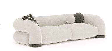A contemporary sofa upholstered in off-white boucle fabric, featuring distinct rounded and organic forms for its back, arms, and seat cushions, resting on a low, dark-toned base. It includes an abstract patterned accent pillow and a small spherical dark green pillow. — 3D model