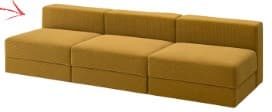 A contemporary modular sectional sofa composed of multiple upholstered block-like units in a mustard yellow fabric, arranged in a straight line with three backrests. — 3D model