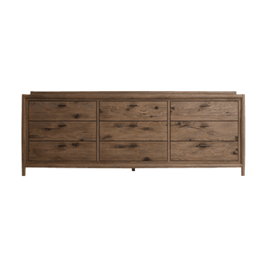 A wide, nine-drawer wooden dresser with a rustic finish and dark metal bar pulls, featuring prominent wood grain and rounded frame details. — 3D model