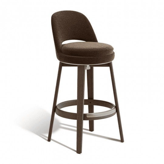 A contemporary bar stool featuring a rounded, upholstered seat and backrest with a distinctive cut-out detail. The seat swivels on a dark-stained wooden base with four tapered legs, reinforced by a circular wooden stretcher and a metallic footrest bar. The upholstery is a textured brown fabric. — 3D model