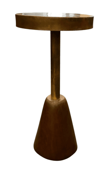 A small, round accent table featuring a patinated brass top, a slender brass central column, and a distinctive conical base made from dark wood. The mixed materials and simple form suggest a Mid-Century Modern or contemporary aesthetic. — 3D model