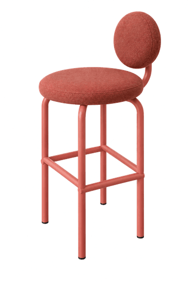 A modern, monochromatic reddish-orange bar stool featuring a round upholstered seat and a small, round upholstered backrest, supported by a tubular metal frame with integrated footrests. — 3D model