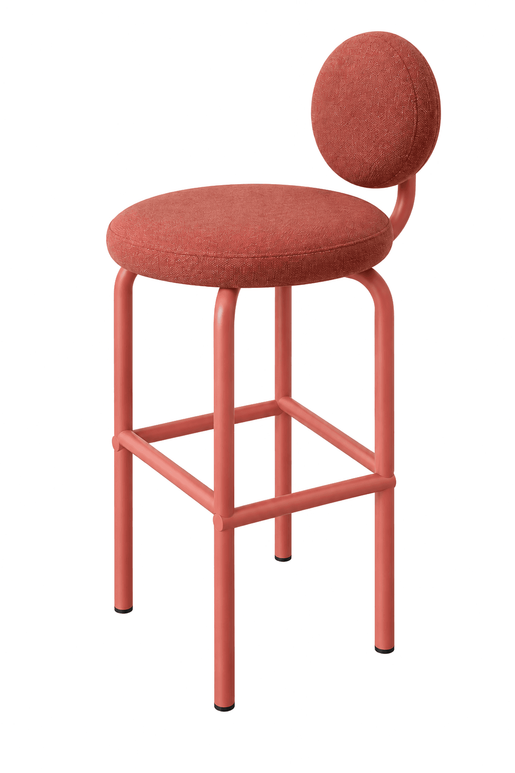 A modern, monochromatic reddish-orange bar stool featuring a round upholstered seat and a small, round upholstered backrest, supported by a tubular metal frame with integrated footrests. — 3D model