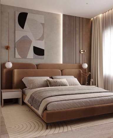 A modern platform bed featuring a wide, upholstered headboard with rounded edges, designed with a dual-cushioned or two-part appearance. The bed frame itself is also upholstered, matching the headboard in a warm brown or tan leather/fabric. It is presented in a contemporary bedroom setting with complementary circular nightstands and neutral-toned bedding. — 3D model