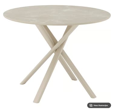 A modern round accent table featuring a light beige, faux-marble top and a unique criss-cross metal base of the same color. The base consists of four tapered legs that intersect in the center, providing a stable yet visually interesting support structure for the circular tabletop. The overall design is minimalist and contemporary. — 3D model