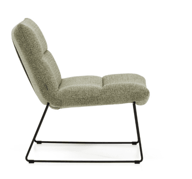 A modern lounge chair with a low profile and slender metal legs. The chair features a gently contoured seat and backrest upholstered in a textured, light green fabric. The backrest has a subtle horizontal tufting or seam detail. The base consists of thin, black, angular metal legs that provide a minimalist support structure. — 3D model
