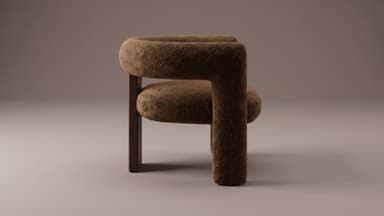 A contemporary lounge chair featuring a plush, textured bouclé-like upholstery in a warm brown hue. The chair has a rounded, minimalist form with integrated arms and backrest, creating a continuous, inviting silhouette. It is supported by a robust, dark wooden plinth-style base that provides a contrast to the soft upholstery. — 3D model