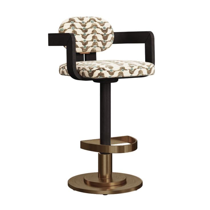 A contemporary upholstered bar stool featuring a dark-toned wooden frame for the armrests and back support, a patterned fabric on the seat and backrest, and a dark bronze/brass metallic base with a circular footrest. The stool has a swivel mechanism. — 3D model