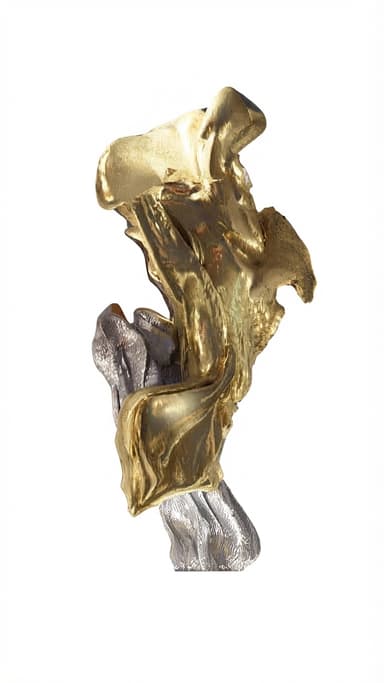 An abstract, modern sculpture featuring an organic, flowing form. It is composed of two distinct metallic elements: an upper section with a rich, textured gold finish and a lower section with a contrasting silver finish. The surface exhibits a highly textured, almost molten or draped quality, creating visual depth and movement. The sculpture stands upright on a subtle base, showcasing a dynamic interplay between its two-tone metallic surfaces. — 3D model
