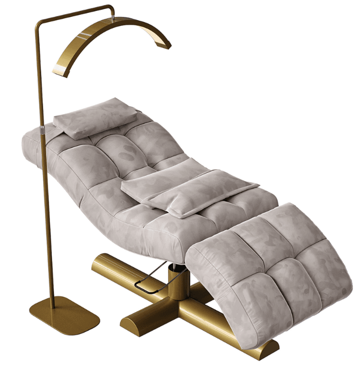 A modern and luxurious adjustable chaise lounge featuring plush tufted gray velvet upholstery and a polished gold-toned metal base. An integrated floor lamp with a curved, arched design and an LED strip is attached, providing focused illumination. The chaise lounge has multiple adjustable sections, including the backrest and leg rest, making it suitable for various reclining positions. It comes with a small rectangular head pillow and an additional lumbar support cushion. — 3D model