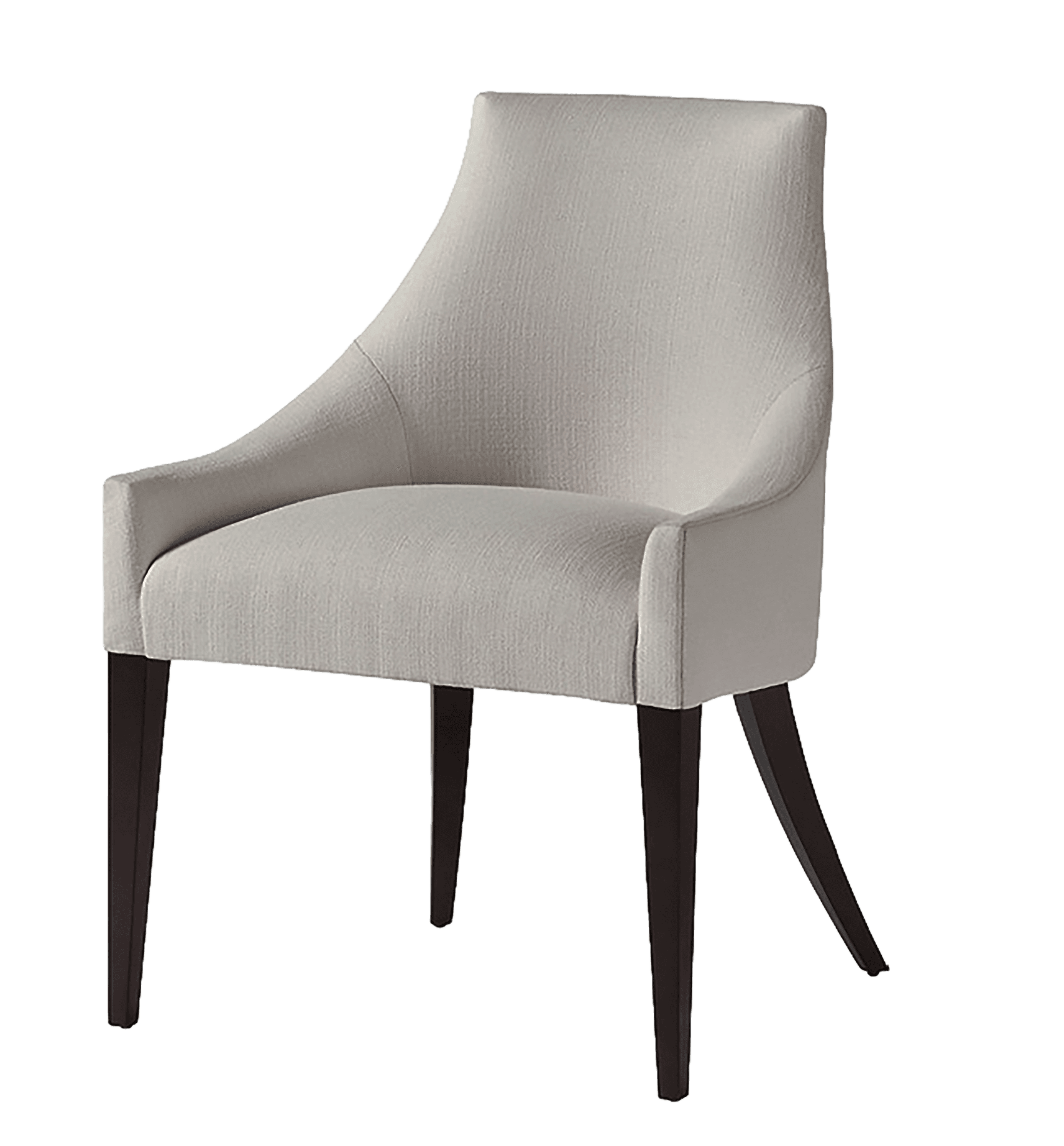 A contemporary armchair with a high, gently curved backrest that flows into the armrests. The seat is padded and upholstered. It features four tapered legs, two in the front and two angled in the back, supporting the frame. — 3D model