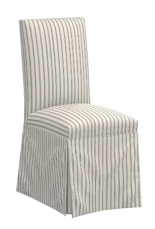 A dining chair upholstered in a striped fabric. The chair features a tall, straight back and a seat that extends into a pleated skirt around the base. The fabric has a pattern of thin, vertical dark blue stripes on an off-white background. — 3D model