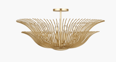 A semi-flush mount chandelier featuring a decorative gold-toned metal wireframe structure that radiates outwards, resembling a floral or botanical form. Multiple spherical white glass diffusers are nestled within the intricate metalwork, concealing the light sources. The fixture is mounted directly to the ceiling via a matching gold-toned canopy. — 3D model