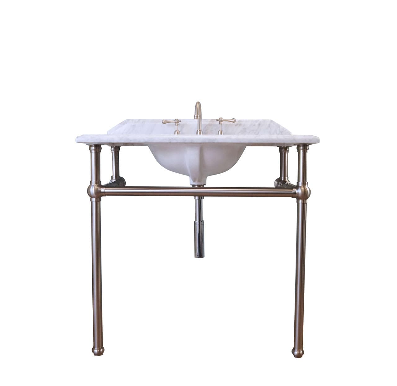 A freestanding console-style bathroom vanity featuring a white marble countertop with an integrated undermount ceramic basin. The countertop is equipped with a widespread two-handle faucet in a brushed metal finish. The entire unit is supported by a robust, tubular metal frame with four legs and a lower crossbar, also in a brushed metal finish. — 3D model