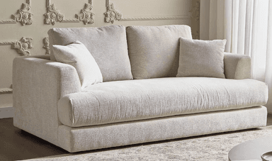 A contemporary deep-seated loveseat upholstered in a light-colored, textured woven fabric, featuring wide track arms and loose cushions. — 3D model