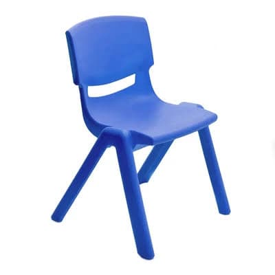 A single, bright blue, child-sized chair made from molded plastic. It features a curved backrest with a cutout for easy handling, a contoured seat, and four splayed legs. The construction appears seamless, indicative of a single-piece molded design. — 3D model