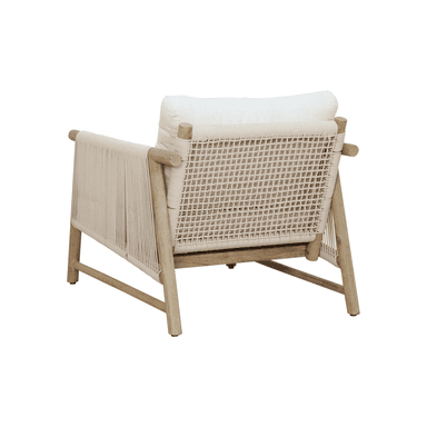 A contemporary lounge armchair featuring a light wood frame, intricate woven rope detailing on the back and sides, and plush, removable white fabric cushions. — 3D model