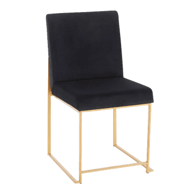 A contemporary armless dining chair featuring a tall, rectangular backrest and a matching rectangular seat, both upholstered in plush black velvet. The chair is supported by a sleek, geometric frame constructed from polished gold-finished metal, which forms the legs and provides a decorative horizontal bar across the lower back. The design emphasizes clean lines and a luxurious material contrast. — 3D model