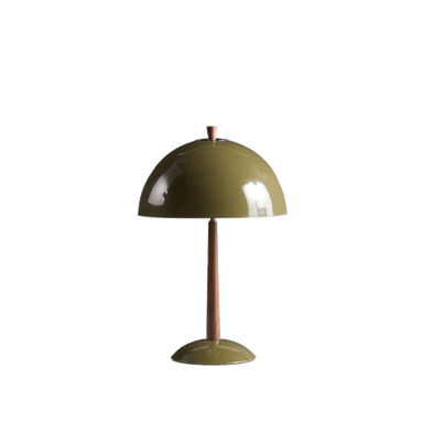 A Mid-Century Modern table lamp featuring a dome-shaped shade and a matching circular base in glossy olive green enamel, connected by a tapered wooden stem. A small wooden finial adorns the top of the shade. — 3D model