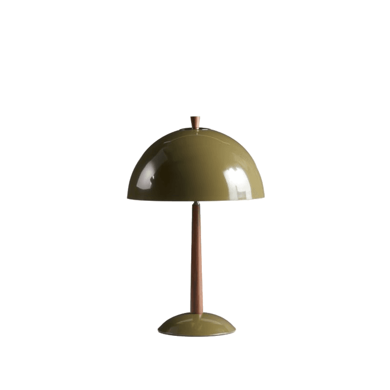 A Mid-Century Modern table lamp featuring a dome-shaped shade and a matching circular base in glossy olive green enamel, connected by a tapered wooden stem. A small wooden finial adorns the top of the shade. — 3D model