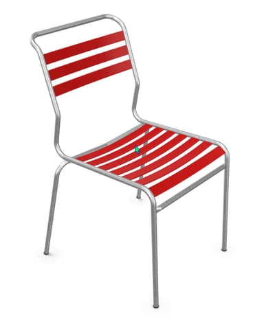 A modern dining chair with a tubular metal frame and a slatted seat and backrest. The frame is constructed from silver-toned metal, and the slats, forming both the seat and the back, are a bright red color. The design is minimalist and appears suitable for outdoor or indoor use. — 3D model